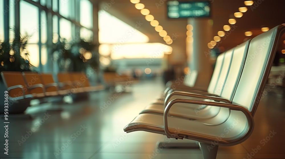 Poster empty airport terminal waiting area with chairs blured background : generative ai