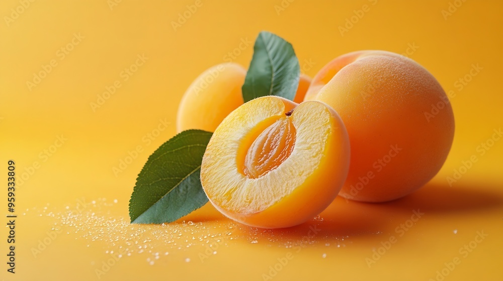 Poster Fly fresh ripe apricot with green leaf and slice isolated on orange color background Clipping Path Full depth of field : Generative AI