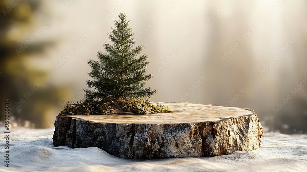 Poster wooden eco rustic pine tree wood stone platform podium on light beige background minimal empty displ