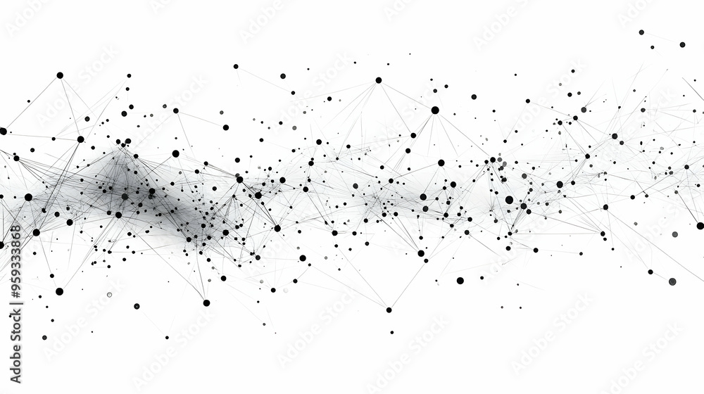Poster abstract network of black dots connected with lines on white background.