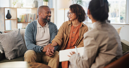 Office, therapy and couple with love, holding hands and consultation for communication, care and...