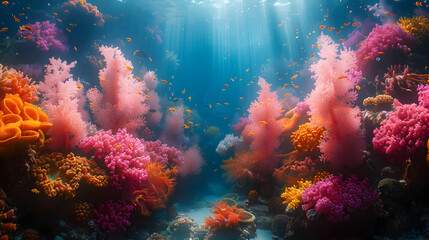 Vibrant Coral Reef Underwater Scene with Sunbeams - Realistic Image