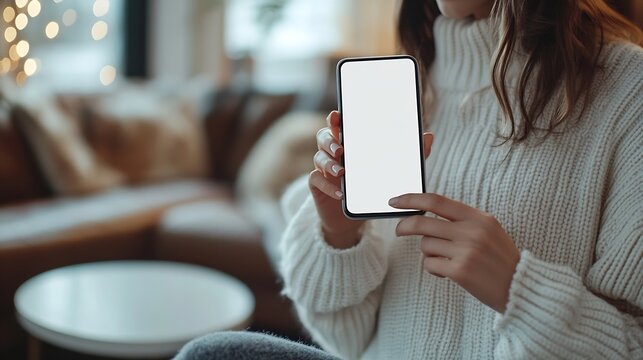 A closeup image of a woman in a white sweater holding a smartphone whitescreen mockup over a white table indoors A woman using a smartphone indoors people and wireless technology conce : Generative AI