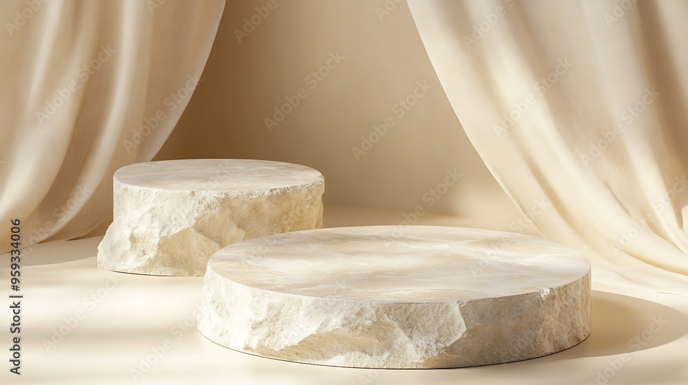 Aufkleber stone podium for promotion on beige background natural pedestal two stone podiums beauty product moc