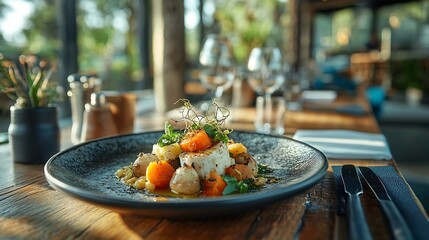 This close up photo captures a plate of freshly cooked food placed on a sturdy wooden table : Generative AI