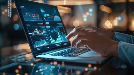 Obraz premium Digital Advertising Analytics and Video ADS Campaigns. Person using laptop analyzing digital ad performance metrics and campaign data. Digital marketing online, Content creation, Customer engagement,