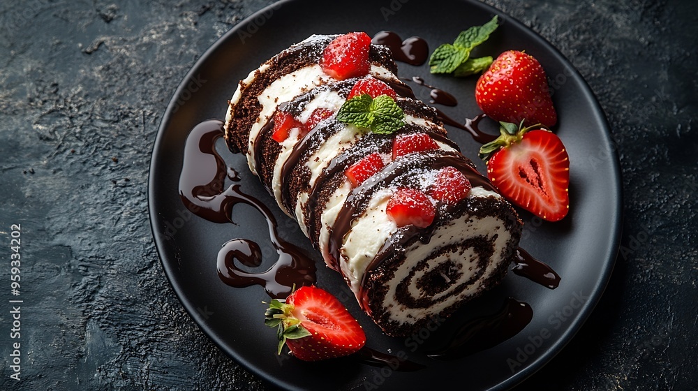 Poster pieces of chocolate cake roll with strawberries and cream cheese closeup on a plate horizontal top v