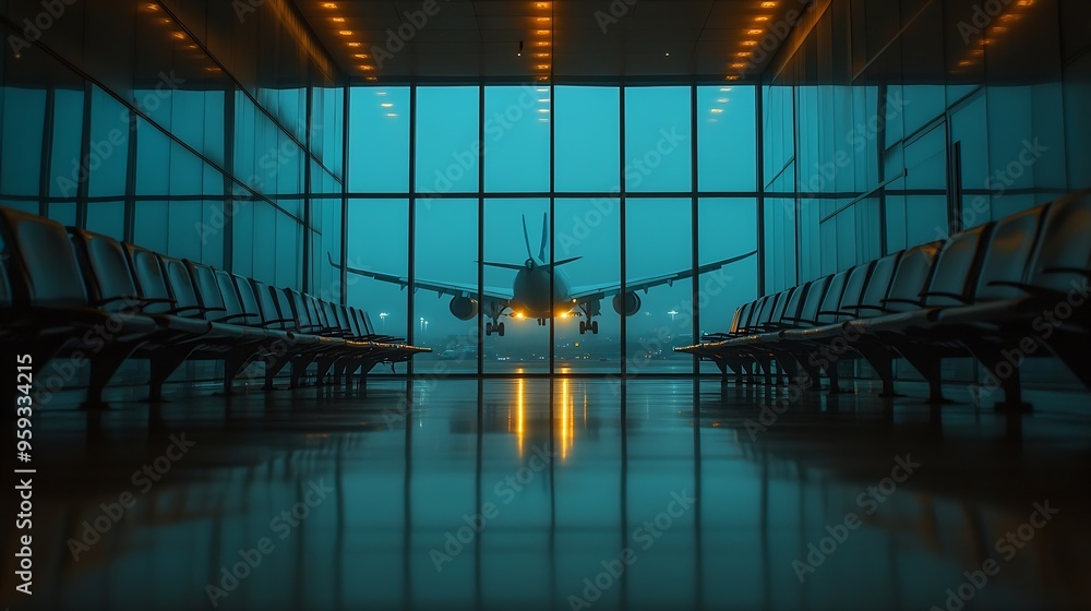 Poster empty airport hall with taking off airplane behind window : generative ai