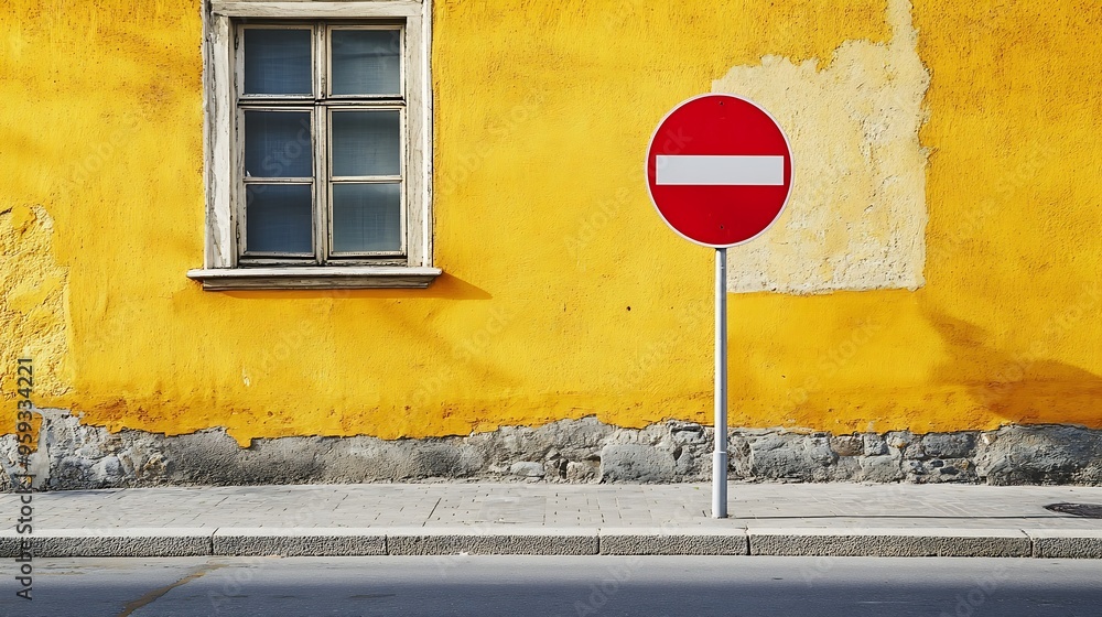 Poster stop traffic sign on concrete sidewalk pale yellow plaster facade with windows on behind urban stree