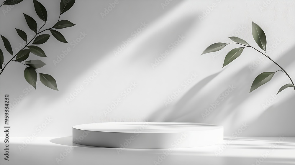 Poster Abstract empty white podium with leaf shadows on white background Mock up stand for product presentation 3D Render Minimal concept Advertising template : Generative AI