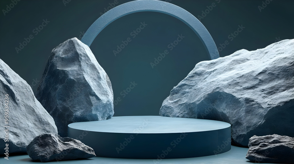 Poster abstract podium with rocks and a circular arch.