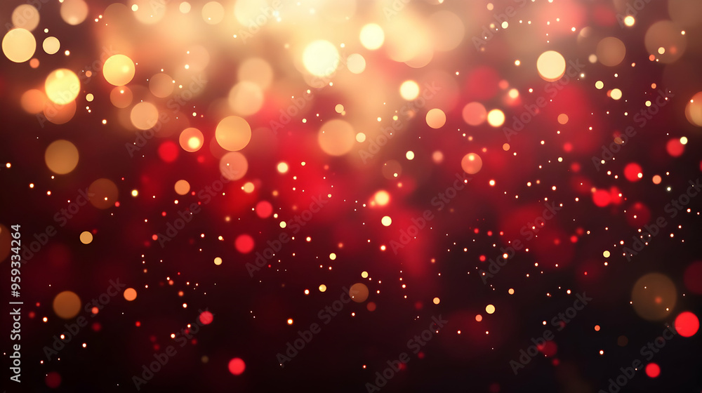Poster abstract red and gold bokeh background with bright lights and sparkles.