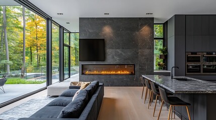 Obraz premium Contemporary modern home exterior and interior with floor to ceiling marble fireplace black granite countertops in the kitchen modern stylish furniture built in wall ovens custom fridg : Generative AI