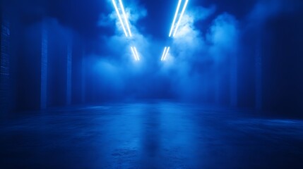 Naklejka premium Abstract technology dark blu empty street asphalt floor studio room with smoke floating up the interior texture transportation background neon light spotlight laser future digital tec : Generative AI