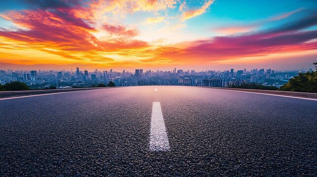 Asphalt road and city skyline with colorful sky clouds at sunset : Generative AI