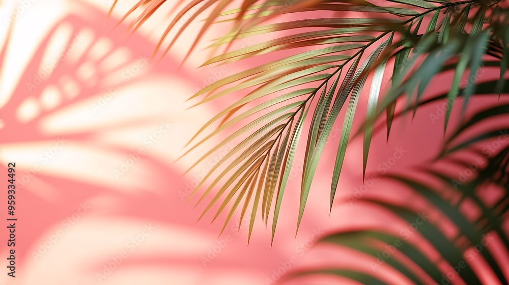 Aufkleber Blurred shadow from palm leaves on the light pink wall Minimal abstract background for product presentation Spring and summer Peach Fuzz Color of the year 2024 : Generative AI