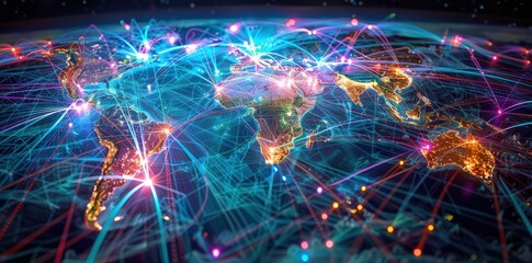 Obraz premium World map covered with glowing lines and nodes representing global network connections. Bright colors emphasize the flow of information and communication, illustrating the complex web