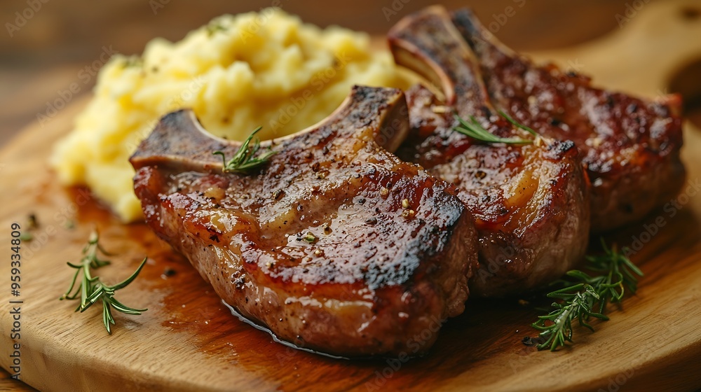 Poster closeup on fried lamb chops with mashed potato on the wooden table vertical : generative ai