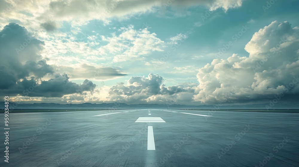 Poster runway on a beautiful sky and clouds background : generative ai