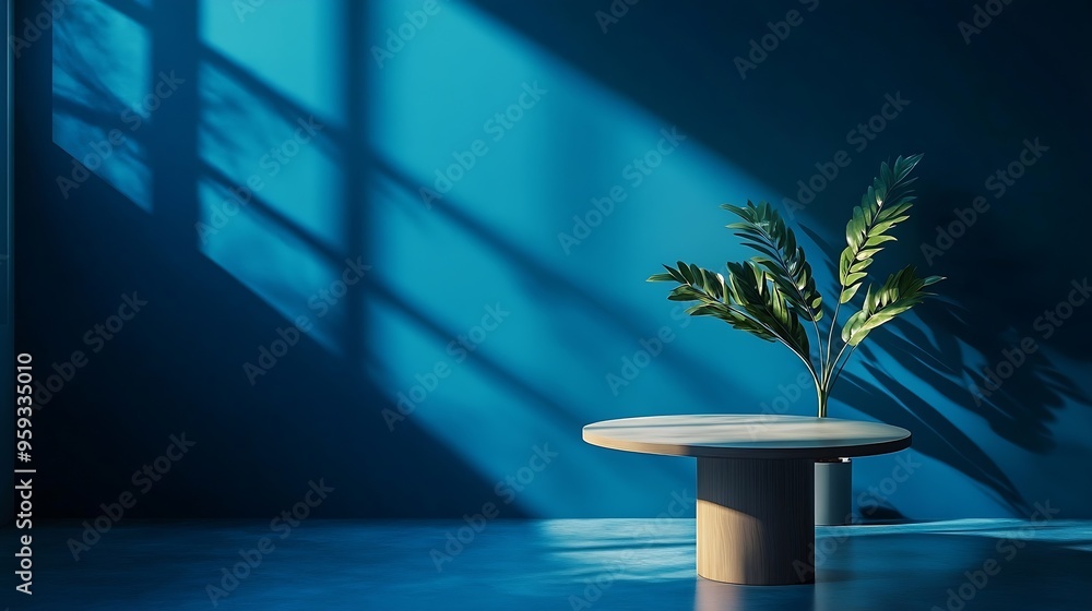Poster blue background dark 3d studio minimal kitchen table display room abstract scene business light shad