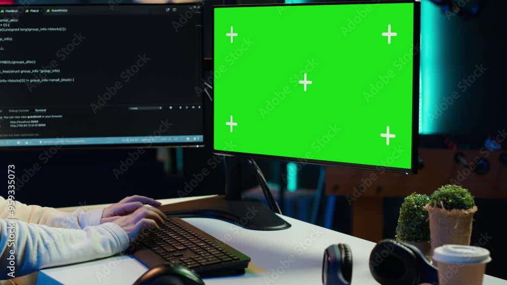 Poster cybersecurity expert uses green screen computer to look for security vulnerabilities and injected ma