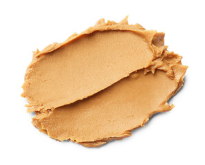 Tasty peanut butter on white background, top view