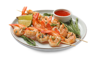 Skewers with delicious grilled shrimps, lime and sauce isolated on white