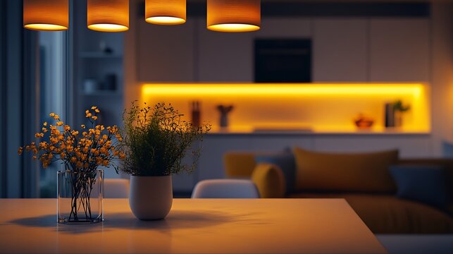 Interior of modern kitchen with glowing lamps dining table yellow sofa and white counters at evening : Generative AI