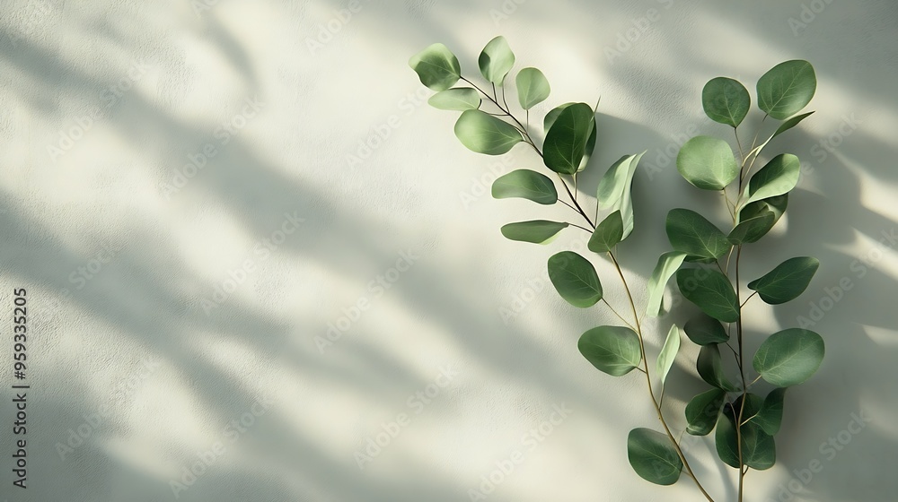 Poster Green eucalyptus branch with beautiful shadows on empty light grey background Backdrop for product presentation Beauty cosmetic advertising display mockup Minimal still life Front view : Generative AI