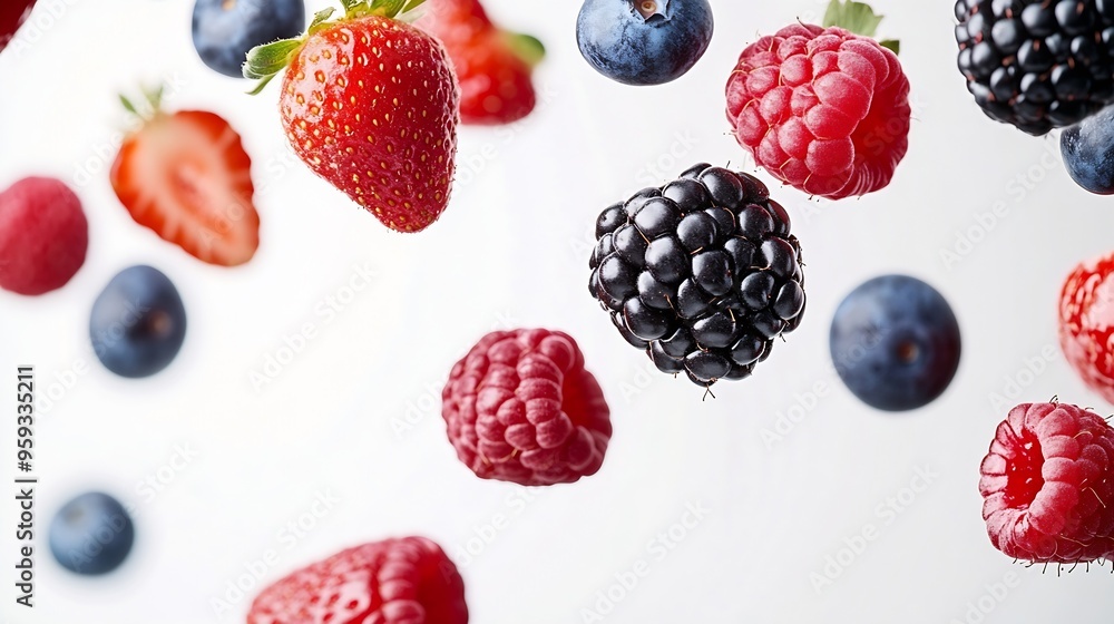 Poster fresh mix berries fruit with red raspberry strawberry blackberry and blueberry flying in the air iso