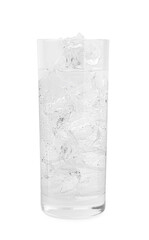 Refreshing water with ice cubes in glass isolated on white
