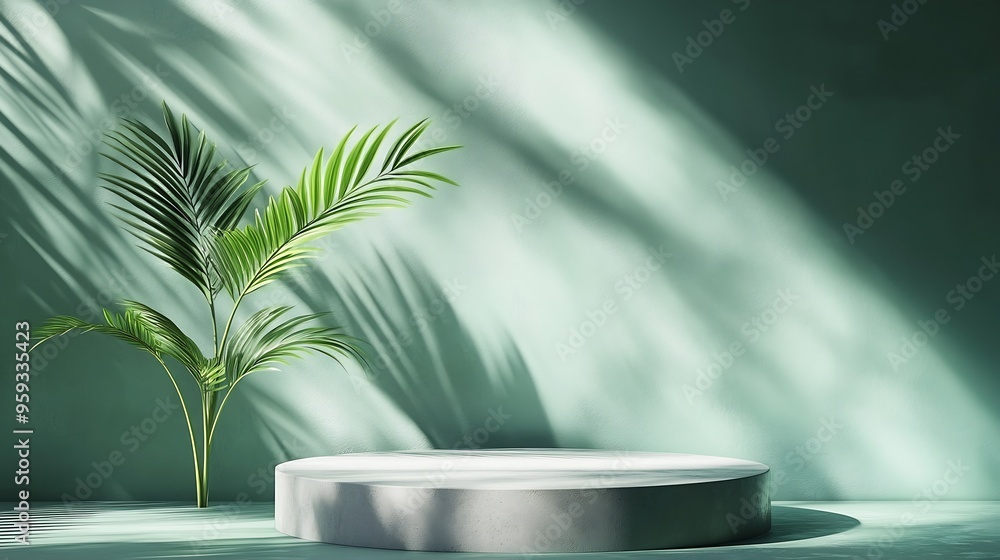 Poster Minimal abstract background for the presentation of a cosmetic product Premium podium with a shadow of tropical palm leaves on a pastel green wall and gray table Showcase display case : Generative AI