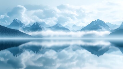 Fototapeta premium Tranquil Horizon Minimalistic Panorama of Clouds Mountains and Lake : Generative AI