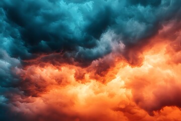 Sun setting behind a line of thunderstorms on the horizon, dramatic weather, contrast of light and dark