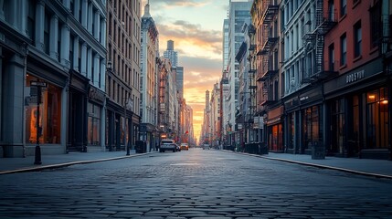 Fototapeta premium Empty streets and sidewalks of Soho are eerily quiet during the 2020 coronavirus pandemic lockdown in New York City at sunset with no people : Generative AI