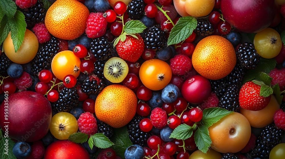 Poster different ripe fruits and berries as background top view : generative ai