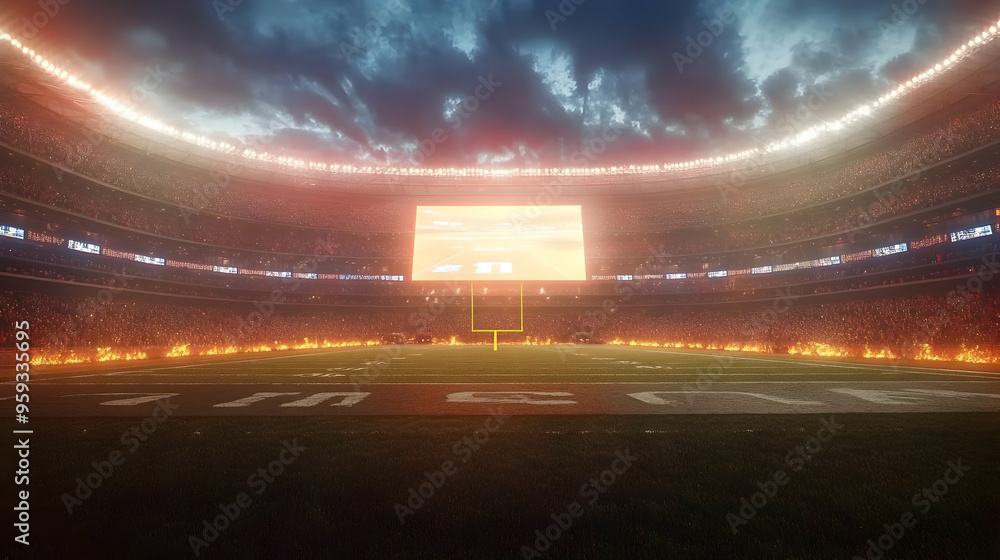 Poster an empty football field with the goalposts at the end of the field and a packed stadium in the backg