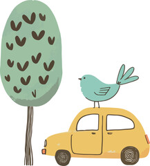 Whimsical Tree, Bird, and Car Illustration