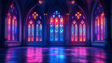 An empty gothic hall with stained glass windows glowing with purple and blue light.