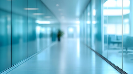 An empty hallway with glass walls, leading to a bright and spacious office space.