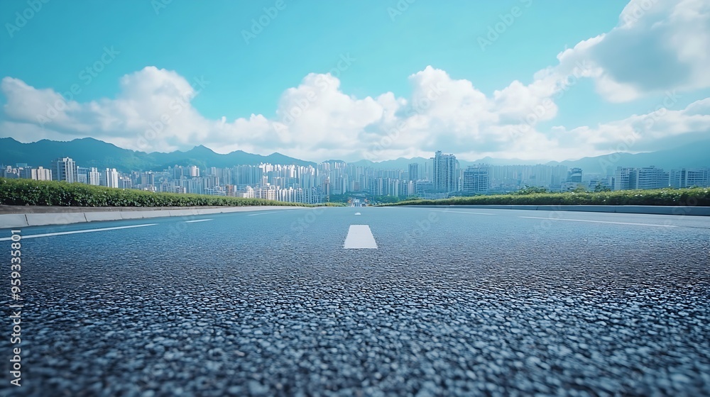 Aufkleber asphalt road and urban skyline with sky clouds background : generative ai