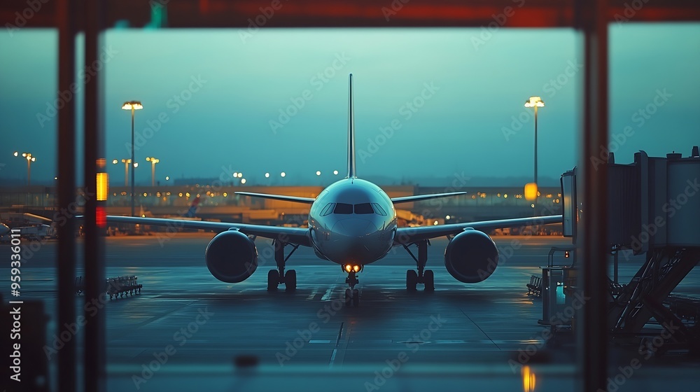 Poster airplane view from airport terminal : generative ai
