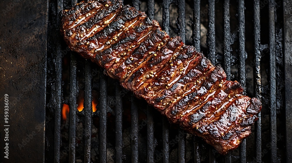 Poster homemade cooked skirt steak on a grill dark background top view : generative ai