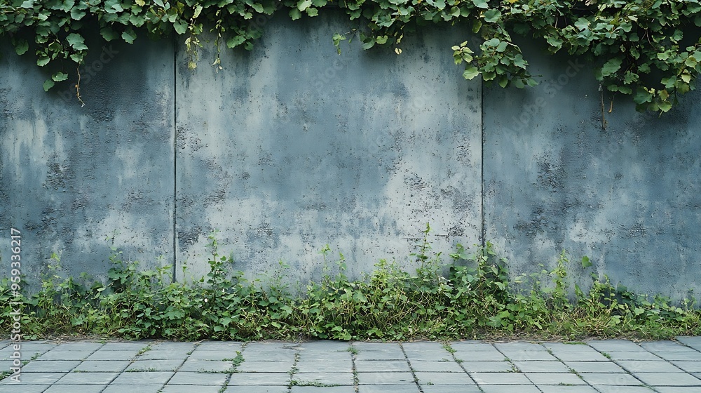 Poster grunge concrete wall at the roadiside with tiled cement sidewalk overgrown with weeds background for