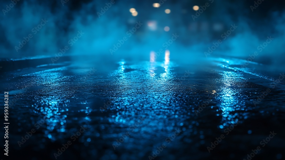 Poster Dark street wet asphalt reflections of rays in the water Abstract dark blue background smoke smog Empty dark scene neon light spotlights : Generative AI