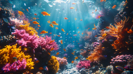 Fototapeta premium Vibrant Underwater Coral Reef Scene with Fish Illustration