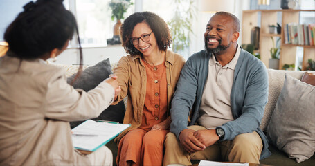 Financial advisor, handshake and mature couple on sofa for estate planning, asset management or...