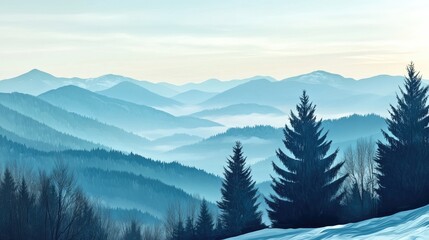 Obraz premium Snowy Morning Landscape with Frosty Trees