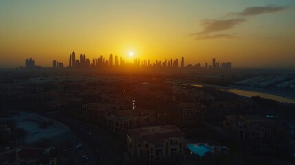 Naklejka premium Beautiful sunset over Dubai city amazing cityscape lit with warm sun light contemporary new modern architecture view from above on a luxury property of United Arab Emirates : Generative AI