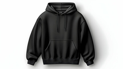 Black hooded sweatshirt with a pouch pocket on a white background.